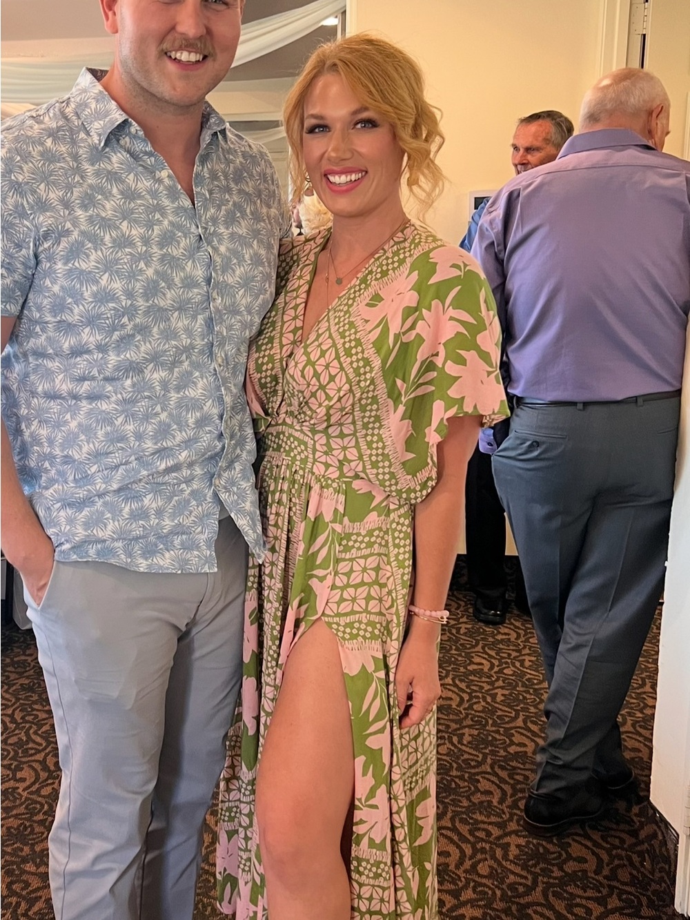 Women's Green & Pink Floral Kaftan Style Dress With Leg Slit